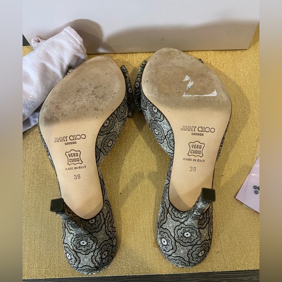 Jimmy Choo Kerala Brocade Gold Brown Silver Crystal Mules Shoes Stiletto 39 XE - Picture 6 of 7